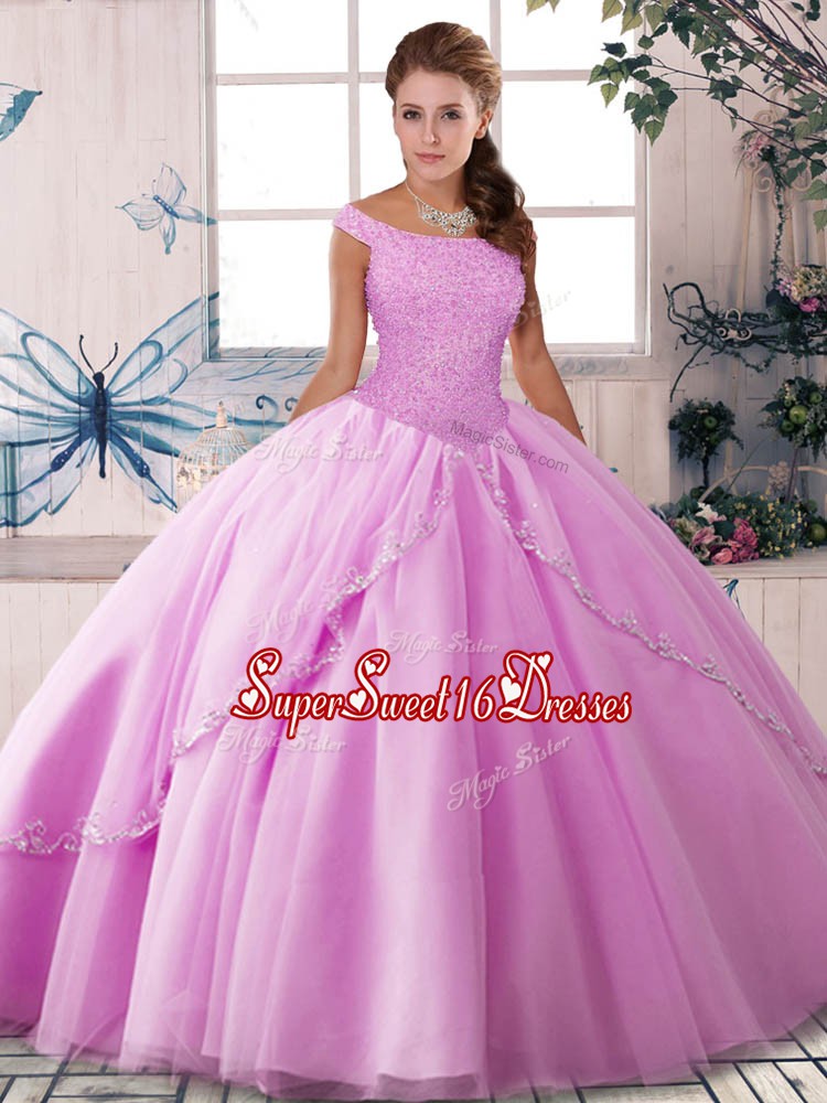 Customized Ball Gowns Sleeveless Lilac Sweet 16 Dresses Brush Train Lace Up