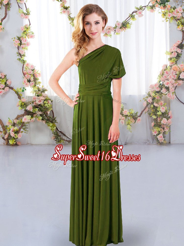  Floor Length Criss Cross Dama Dress Olive Green for Wedding Party with Ruching
