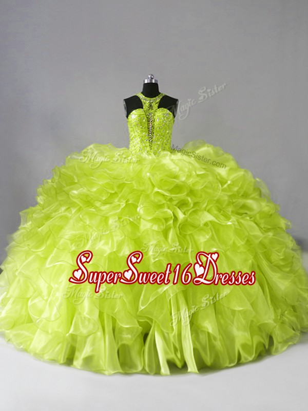 New Arrival Yellow Green Sleeveless Organza Brush Train Zipper 15th Birthday Dress for Sweet 16 and Quinceanera