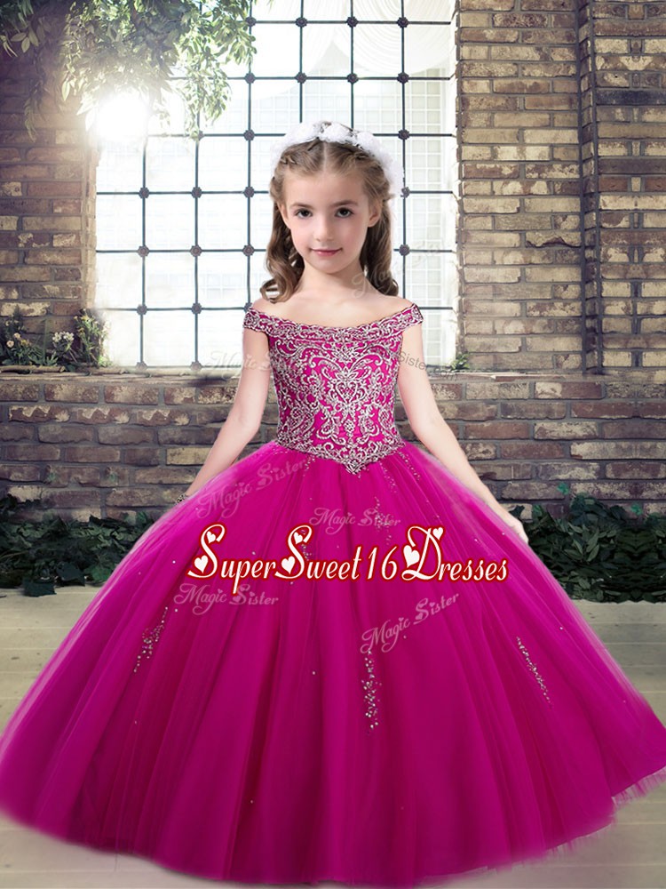 Ball Gowns Pageant Dresses Fuchsia Off The Shoulder Tulle Sleeveless Floor Length Lace Up