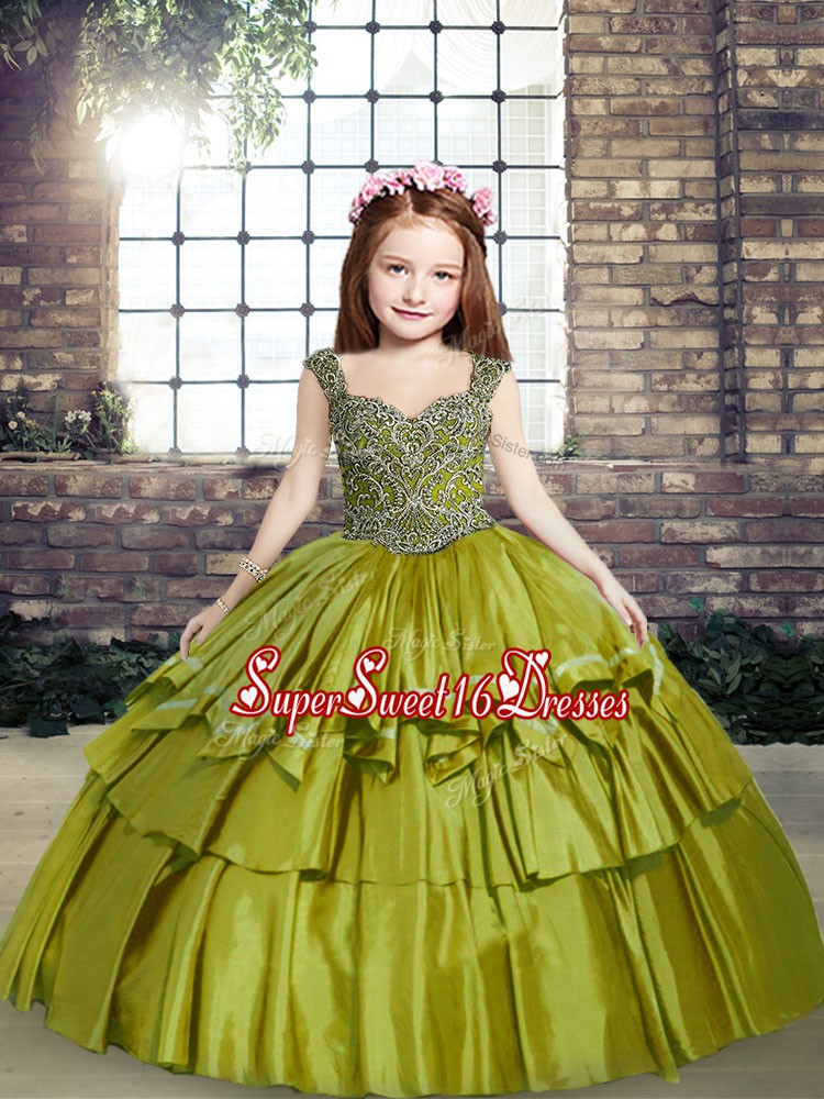 New Arrival Beading Pageant Dress for Teens Olive Green Lace Up Sleeveless Floor Length