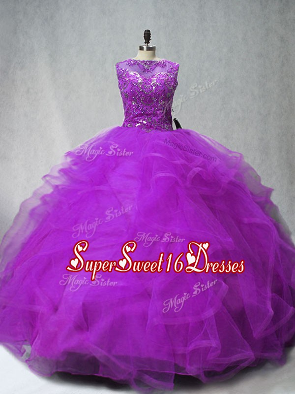  Purple Tulle Lace Up Quinceanera Gowns Sleeveless Brush Train Beading and Ruffles