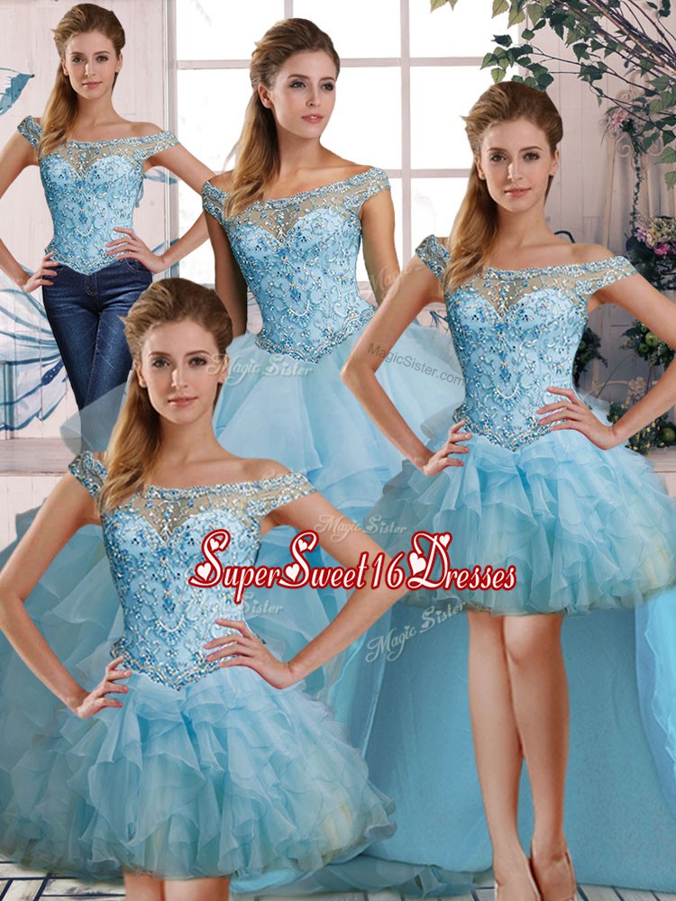 Top Selling Organza Off The Shoulder Sleeveless Lace Up Beading and Ruffles Quince Ball Gowns in Light Blue