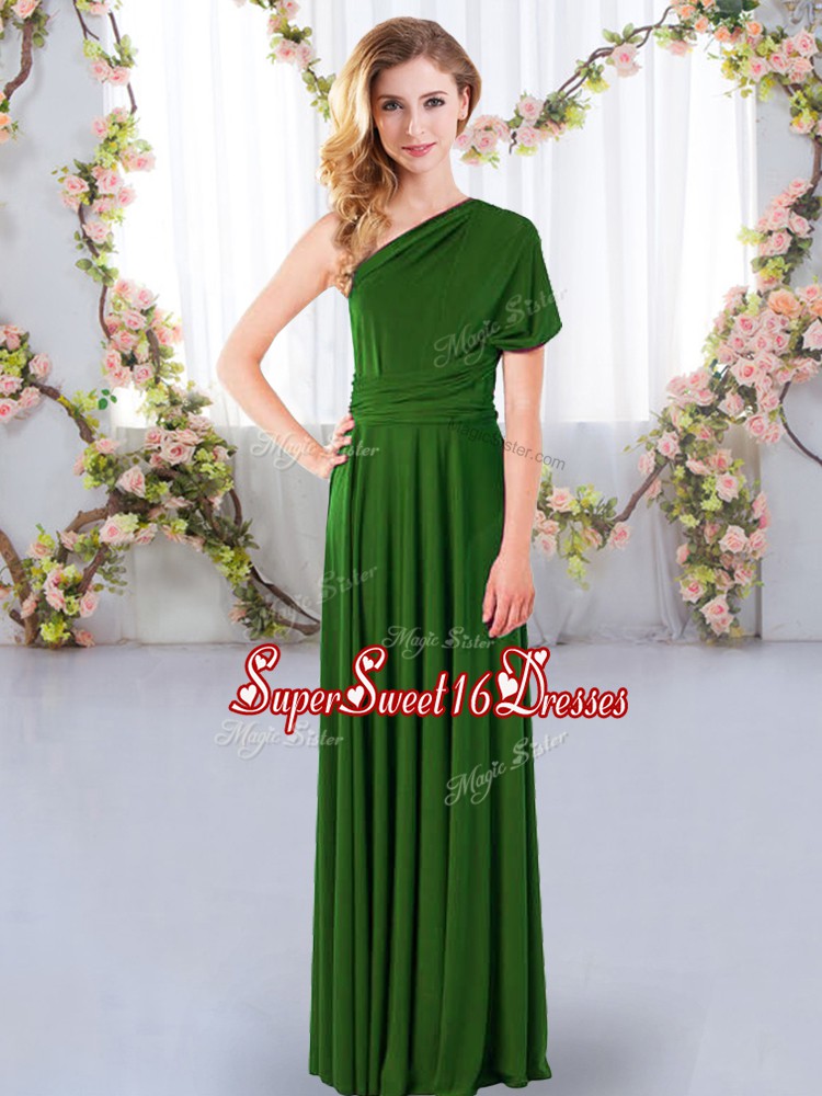  Green Empire One Shoulder Sleeveless Chiffon Floor Length Criss Cross Ruching Dama Dress for Quinceanera