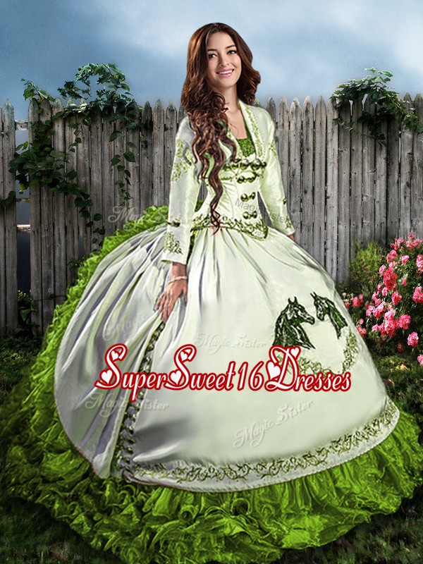  Olive Green Sweetheart Neckline Embroidery and Ruffles Quinceanera Gown Sleeveless Lace Up