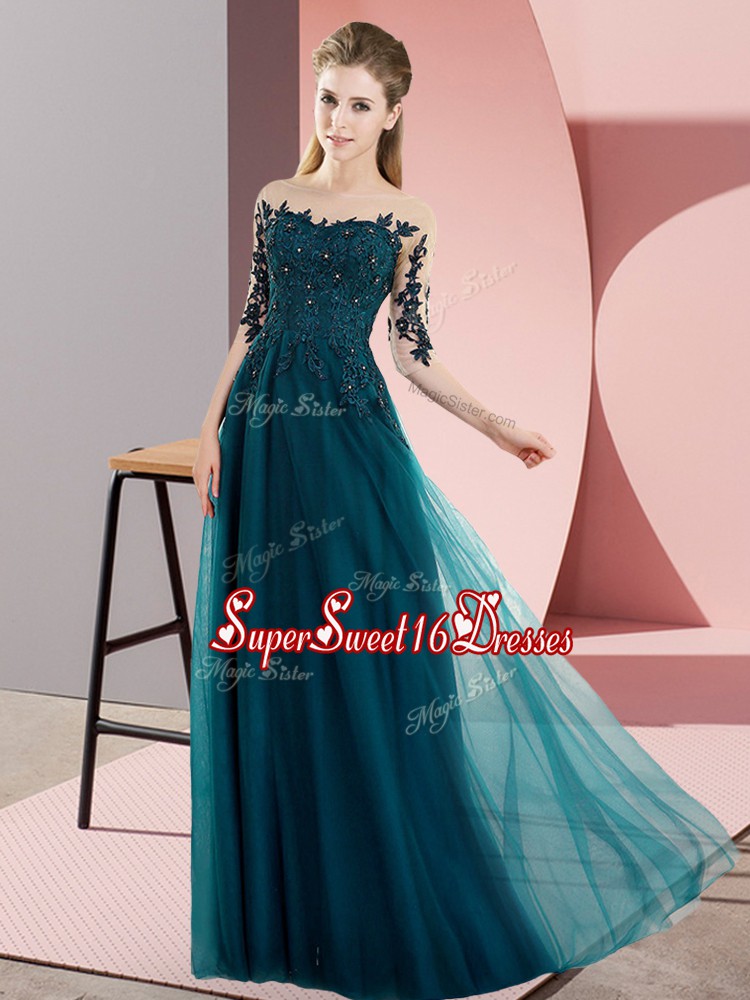  Half Sleeves Chiffon Floor Length Lace Up Court Dresses for Sweet 16 in Peacock Green with Beading and Lace
