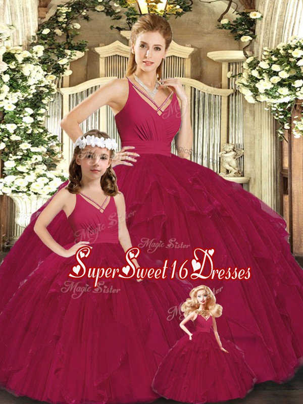 Popular Burgundy Quince Ball Gowns Sweet 16 and Quinceanera with Ruching V-neck Sleeveless Lace Up