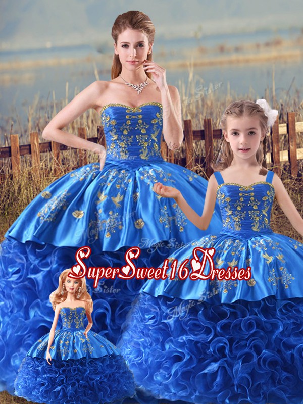  Sleeveless Embroidery and Ruffles Zipper 15 Quinceanera Dress with Royal Blue Brush Train