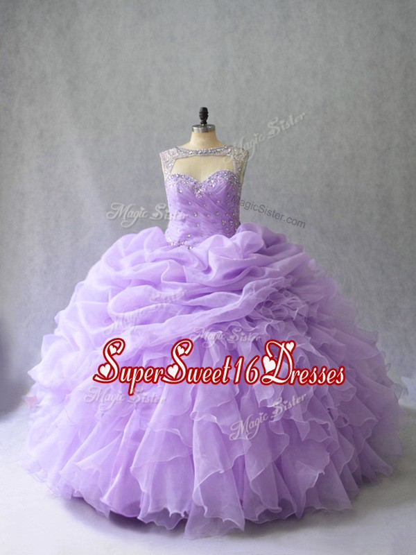 Most Popular Lavender Scoop Neckline Beading and Ruffles Ball Gown Prom Dress Sleeveless Lace Up