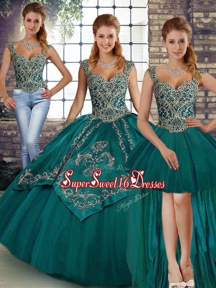  Floor Length Teal 15 Quinceanera Dress Tulle Sleeveless Beading and Embroidery