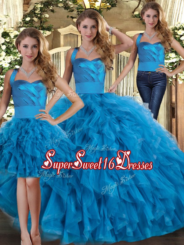Noble Blue Halter Top Lace Up Ruffles Quinceanera Gowns Sleeveless