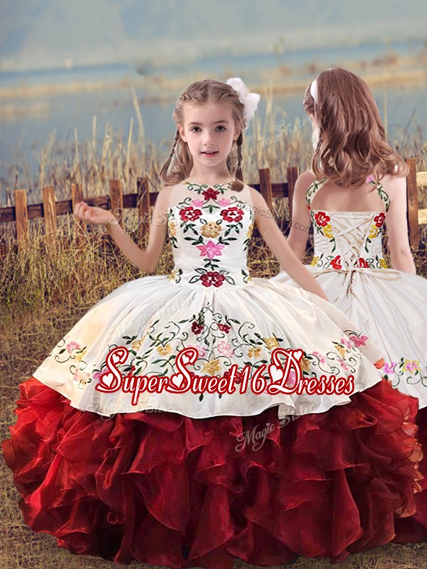  Sleeveless Embroidery and Ruffles Lace Up Little Girls Pageant Dress