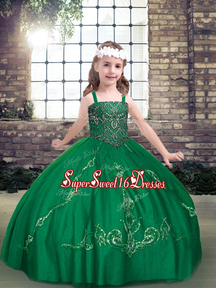 Latest Dark Green Ball Gowns Tulle Straps Sleeveless Beading Floor Length Lace Up Child Pageant Dress
