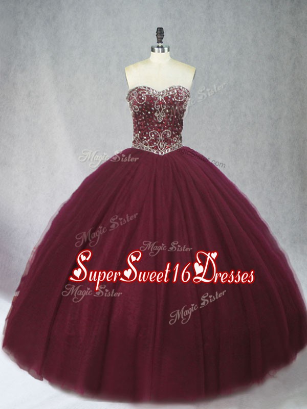  Burgundy Tulle Lace Up Sweet 16 Quinceanera Dress Sleeveless Floor Length Beading