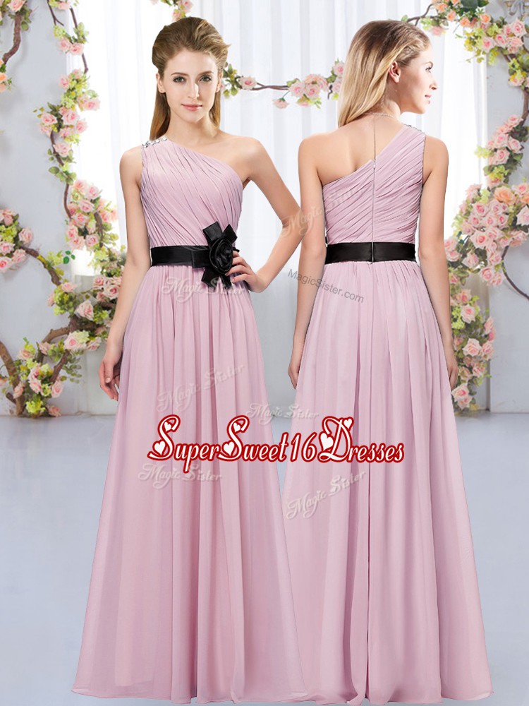 Unique Floor Length Zipper Quinceanera Court Dresses Pink for Wedding Party with Belt