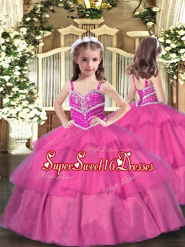  Lilac Tulle Lace Up Straps Sleeveless Floor Length Little Girl Pageant Gowns Beading and Ruffled Layers