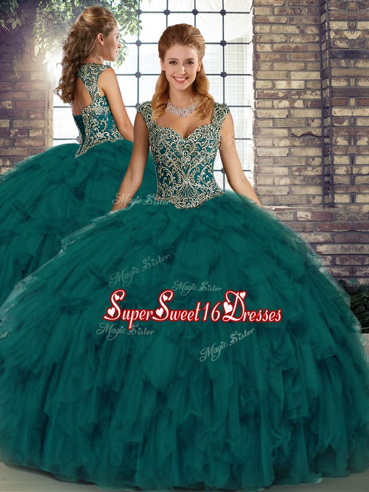 Fancy Floor Length Ball Gowns Sleeveless Peacock Green Quince Ball Gowns Lace Up