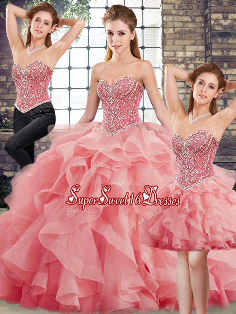 Extravagant Watermelon Red Sleeveless Tulle Brush Train Lace Up 15th Birthday Dress for Military Ball and Sweet 16 and Quinceanera
