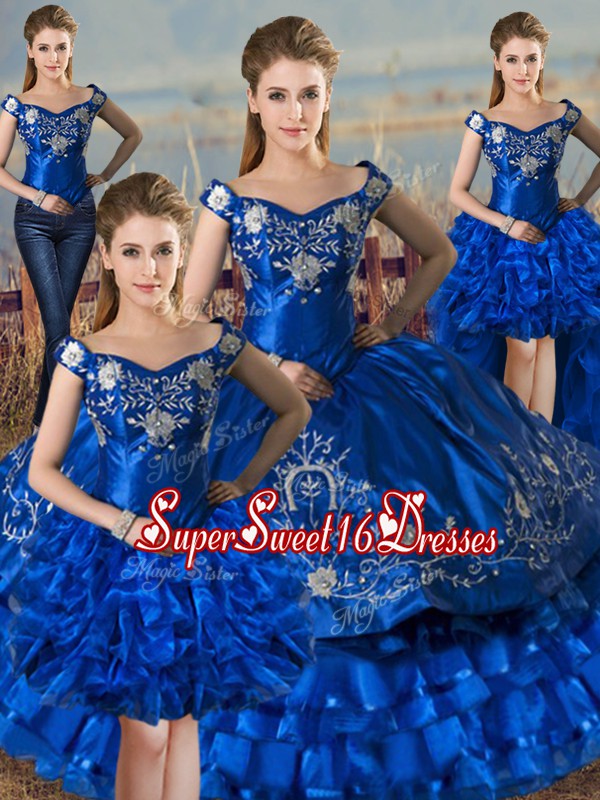 Edgy Floor Length Lace Up Party Dresses Royal Blue for Sweet 16 and Quinceanera with Embroidery and Ruffled Layers