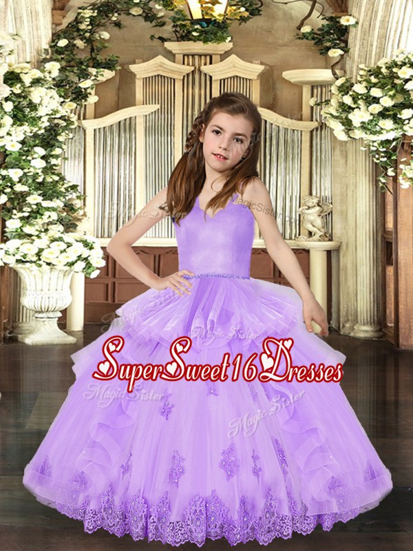  Lavender Straps Neckline Appliques Girls Pageant Dresses Sleeveless Lace Up