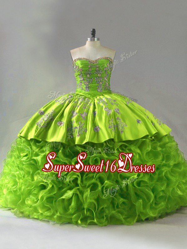  Ball Gowns Fabric With Rolling Flowers Sweetheart Sleeveless Embroidery Lace Up Vestidos de Quinceanera Court Train