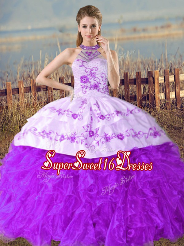 Pretty Organza Sleeveless Floor Length Quinceanera Gown Court Train and Embroidery and Ruffles