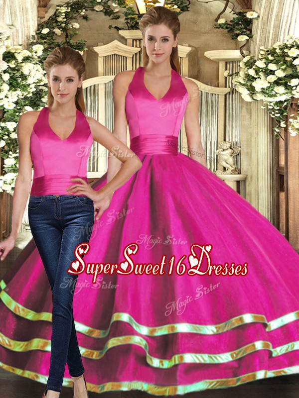  Sleeveless Tulle Floor Length Lace Up Quinceanera Dresses in Fuchsia with Ruffled Layers