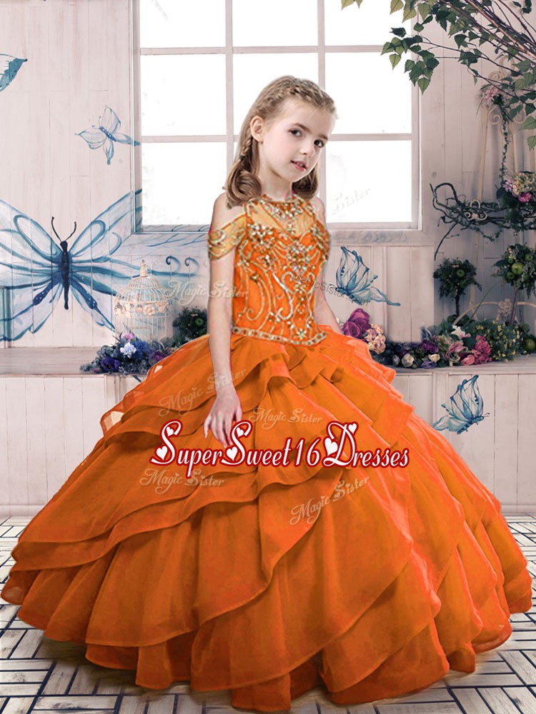 Fashionable Orange Red Ball Gowns Organza High-neck Sleeveless Beading Floor Length Lace Up Pageant Dress
