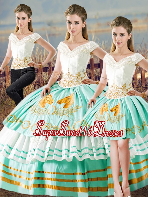 Spectacular Satin Sleeveless Floor Length Vestidos de Quinceanera and Embroidery and Ruffled Layers