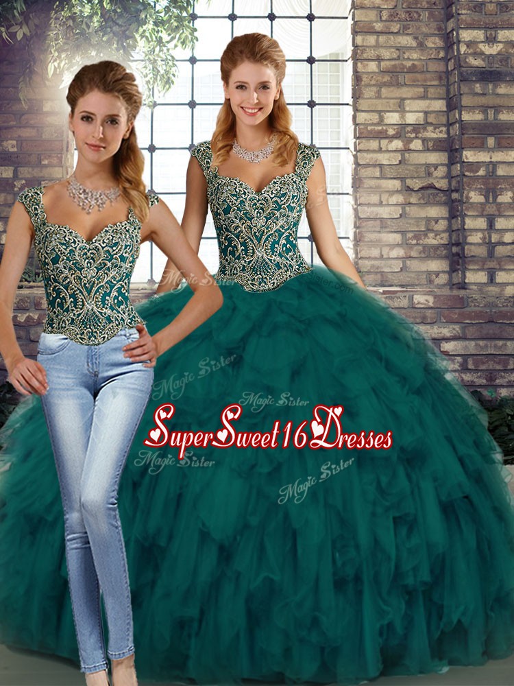  Straps Sleeveless Sweet 16 Dresses Floor Length Beading and Ruffles Peacock Green Organza