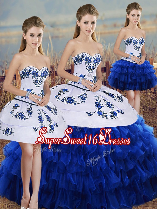 Glamorous Royal Blue 15th Birthday Dress Military Ball and Sweet 16 and Quinceanera with Embroidery and Ruffled Layers and Bowknot Sweetheart Sleeveless Lace Up