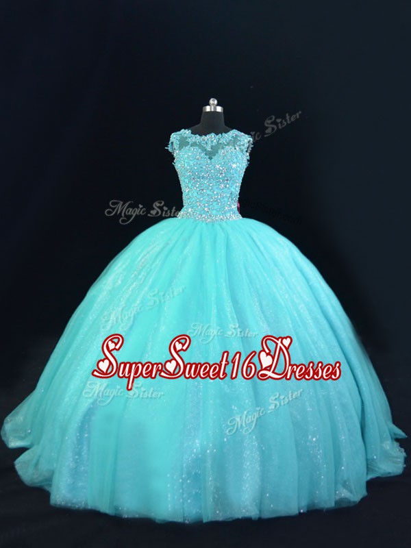 Eye-catching Aqua Blue Sleeveless Tulle Lace Up Sweet 16 Dress for Sweet 16 and Quinceanera