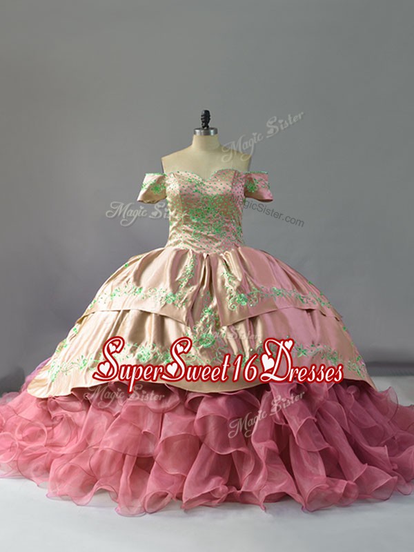 Fantastic Pink Off The Shoulder Lace Up Embroidery and Ruffles Juniors Party Dress Chapel Train Sleeveless