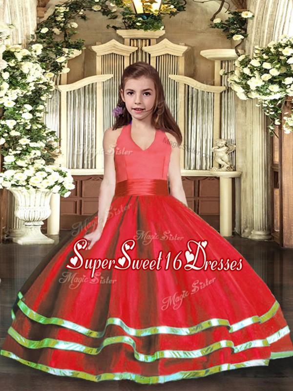  Halter Top Sleeveless Lace Up Little Girl Pageant Gowns Red Tulle
