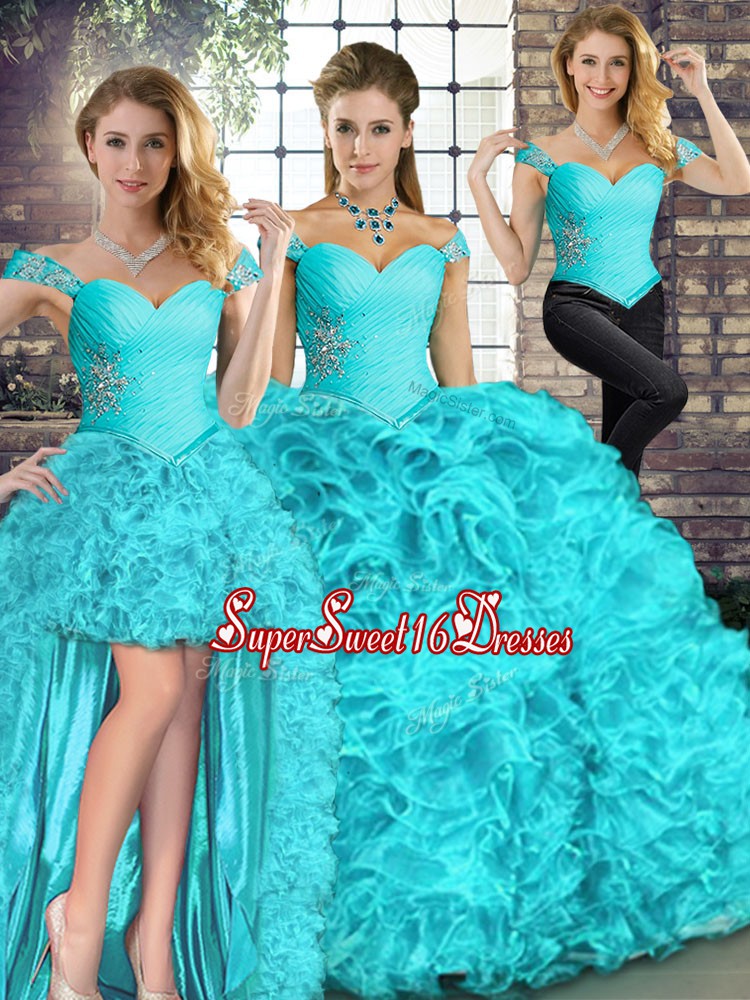 Aqua Blue Off The Shoulder Lace Up Beading and Ruffles Quinceanera Dress Sleeveless