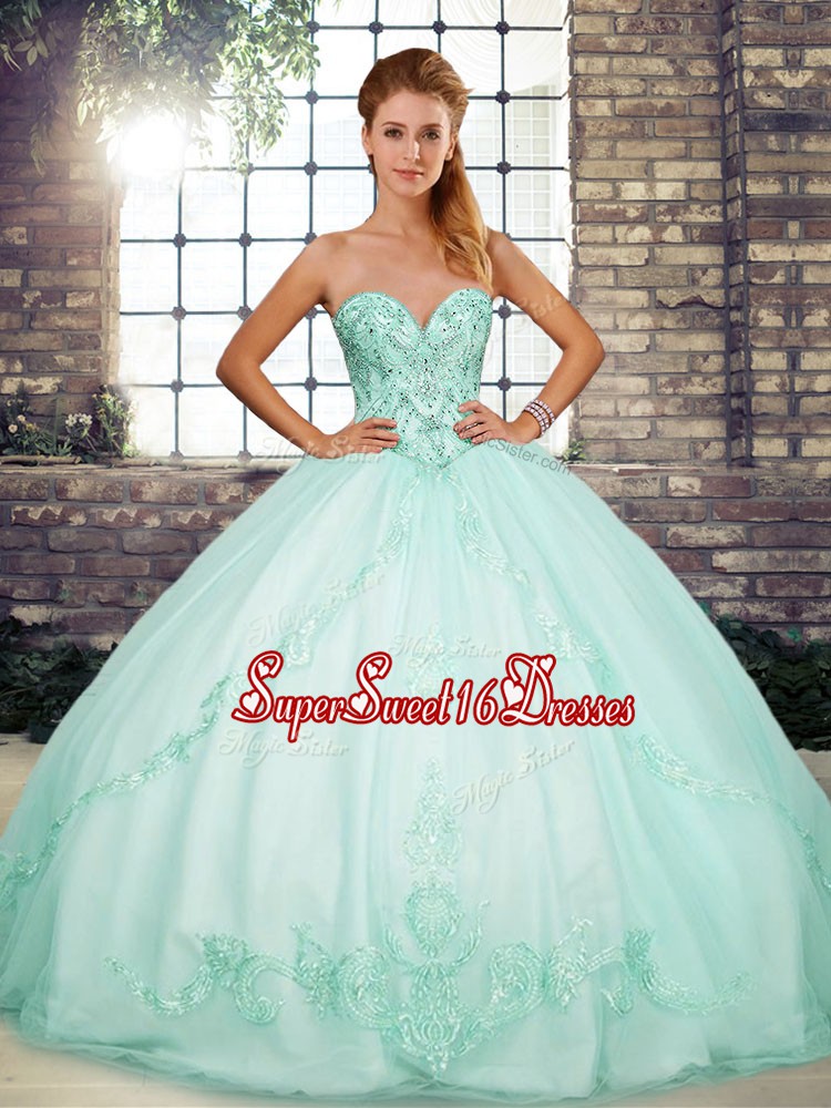  Sweetheart Sleeveless Tulle Quinceanera Gown Beading and Embroidery Lace Up