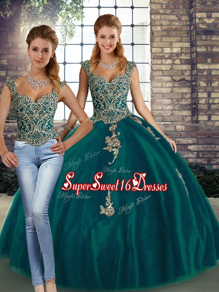  Peacock Green Sleeveless Beading and Appliques Floor Length Sweet 16 Quinceanera Dress