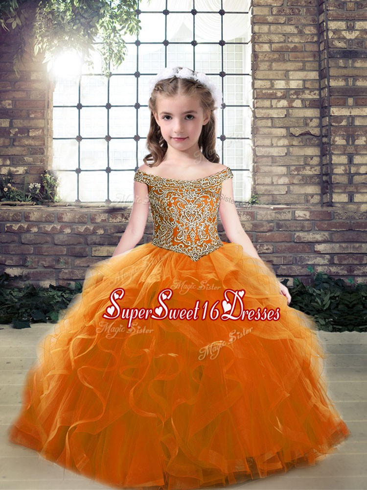  Beading Pageant Gowns Orange Lace Up Sleeveless Floor Length