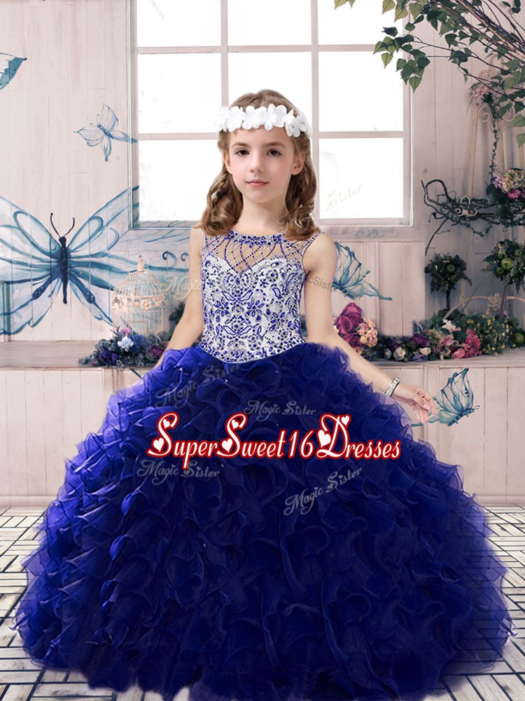 Classical Floor Length Lace Up Little Girls Pageant Gowns Royal Blue for Party and Military Ball and Wedding Party with Beading and Ruffles