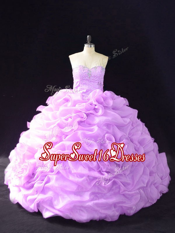  Court Train Ball Gowns Quinceanera Dresses Lilac Sweetheart Organza Sleeveless Lace Up