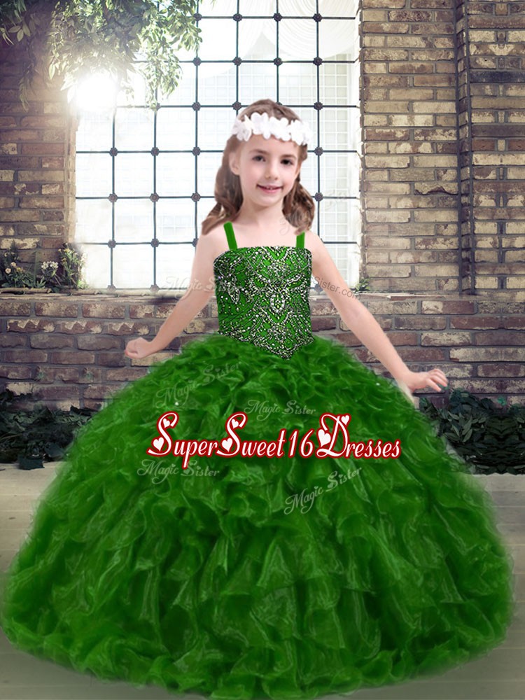  Sleeveless Floor Length Beading Lace Up Pageant Dress with Green