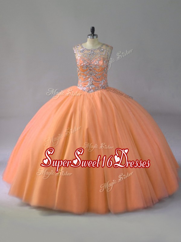 Custom Design Floor Length Orange Quinceanera Dress Tulle Sleeveless Beading