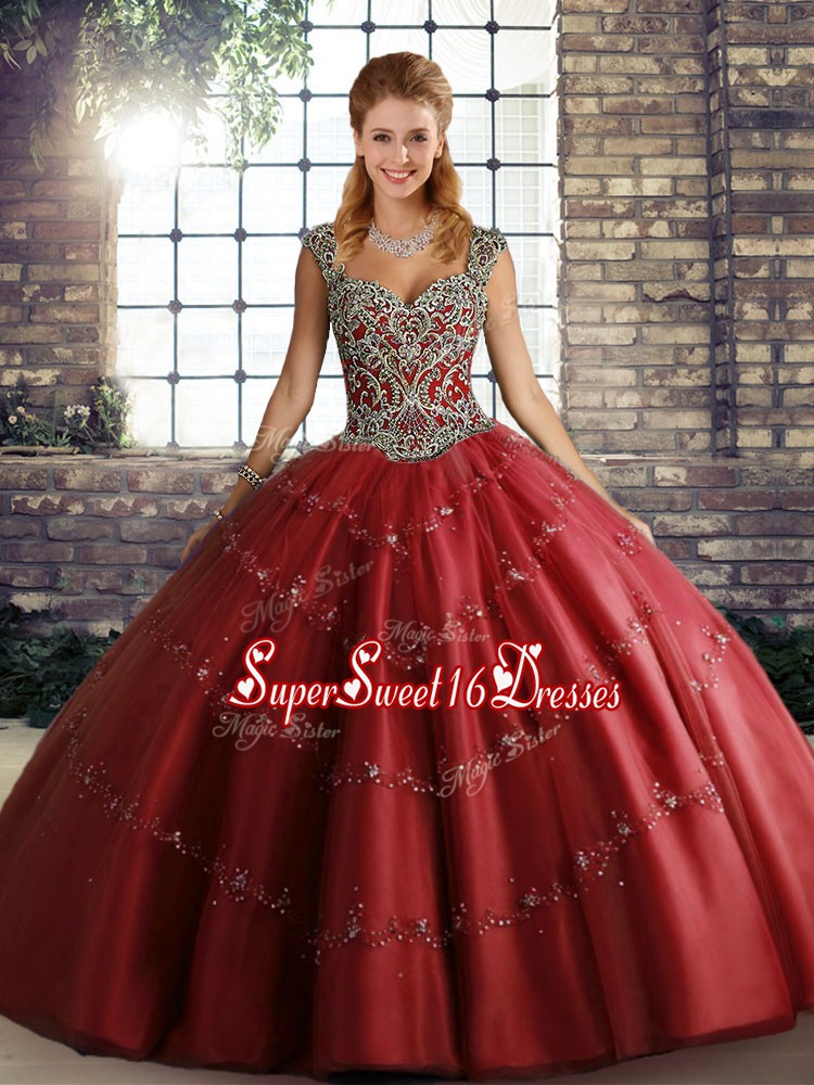 Elegant Wine Red Straps Lace Up Beading and Appliques Military Ball Gowns Sleeveless