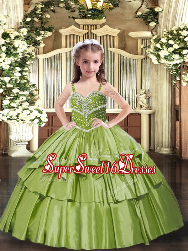  Olive Green Straps Neckline Beading and Ruffled Layers Child Pageant Dress Sleeveless Lace Up