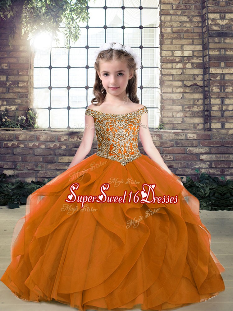  Sleeveless Organza and Tulle Floor Length Lace Up Winning Pageant Gowns in Orange with Beading