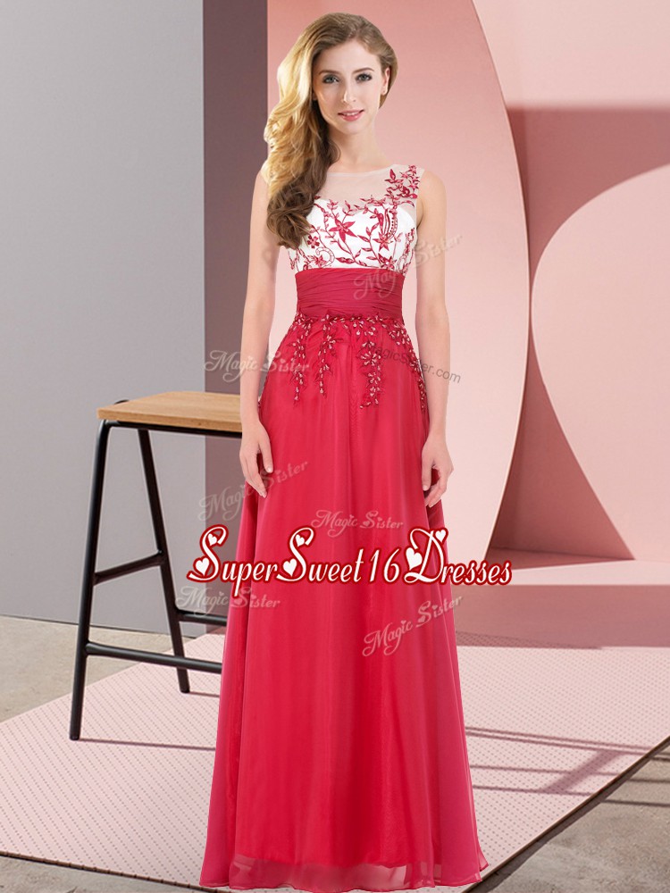  Red Empire Chiffon Scoop Sleeveless Appliques Floor Length Backless Court Dresses for Sweet 16