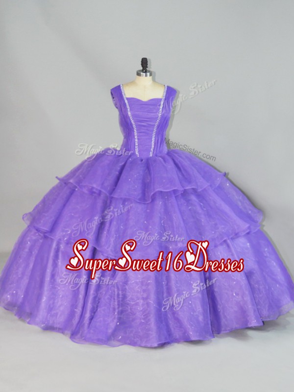  Lavender Organza Lace Up Sweet 16 Dress Sleeveless Floor Length Beading and Ruffled Layers
