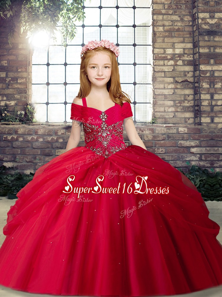  Straps Sleeveless Lace Up Pageant Gowns For Girls Red Tulle