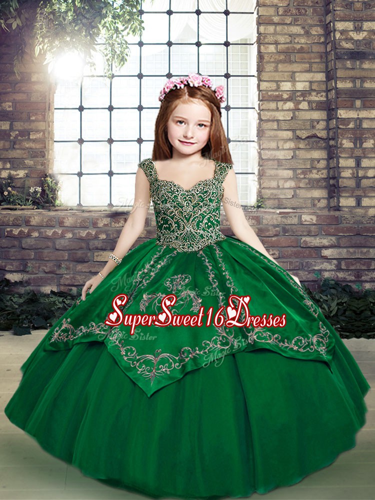 Tulle Straps Sleeveless Lace Up Beading and Embroidery Kids Formal Wear in Dark Green