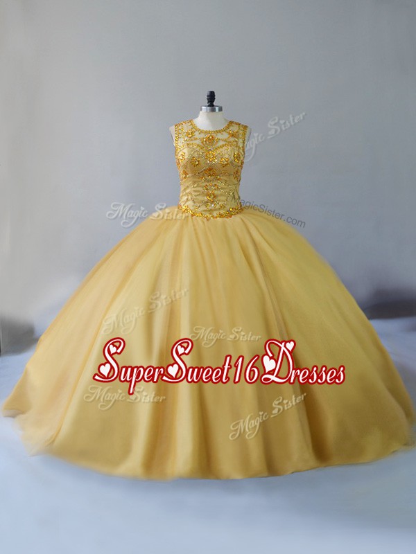  Gold Ball Gowns Scoop Sleeveless Tulle Brush Train Lace Up Beading Sweet 16 Quinceanera Dress